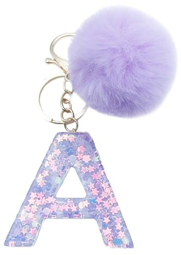 Xsclpomddy Mädchen Alphabet Buchstaben Schlüsselanhänger Niedlich Schlüsselanhänger Glitzer mit Pom Pom Quasten Harz Keychain Violett für Tasche Charme,A