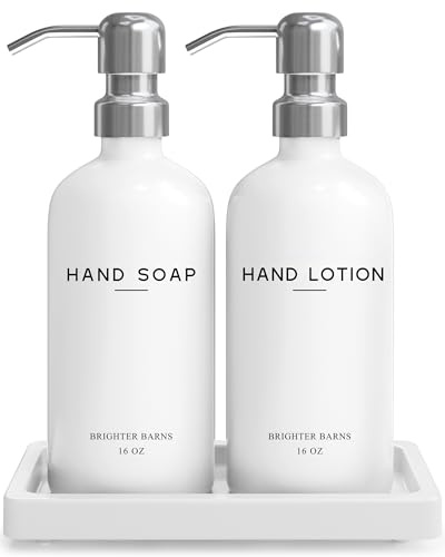 White Glass Soap and Lotion Dispenser Set by Brighter Barns - Bathroom Soap Dispenser Set Tray - Modern Bathroom Accessories for Guest, Hotel, Spa, Restaurant