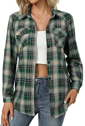 Zeagoo Chemise à carreaux pour femme - Manches 3/4 - En coton - Manches 3/4 - Pour la fête de la bière - Col en V - Chemisier de bûcheron - Décontracté - Avec boutonnière, noir/vert, M