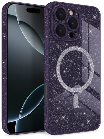 Newseego Glitter Clear Case for iPhone 16 Pro Max [Compatible with MagSafe], Magnetic Phone Case Girls Women Sparkly Bling Slim Shockproof Camera Protection Bumper Cover for iPhone 16 Pro Max-Purple