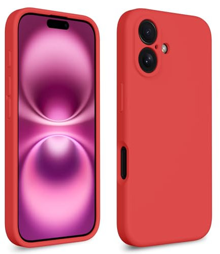 CALOOP Slim-Fit for iPhone 16 Case,Skin Soft Liquid Silicone,Sturdy Hard Frame Shockproof Cover with Anti-Scratch Microfiber Lining,Full Protection for Screen and Lens,6.1 inch,Red