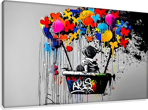 Kunstbruder Banksy Bilder: Urban Streetart Gross Quer, Home Deko Wohnung Bild Wohnzimmer Graffiti kunstdruck - Moderne Mood Bunt (JungeImBallon_Quer, 30x40 cm)