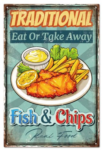 GLOBLELAND Fisch und Pommes Retro Blechschild Sommer Lebensmittel 12×8 Zoll Lustige Schilder Fish & Chips Vintage Metallschild Für Strand Küste Pool Reisen Laden Eiswagen Café Strand Meer Pool