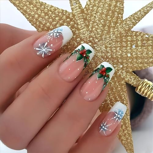 Christmas White Pink False Nails, Short French Press-on With Fireworks Holly, Removable Glue-on Acrylic Full Cover for Women Girls, 24pcs (CY866)