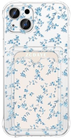 ZCDAYE Floral Clear Case for iPhone 15 Plus with Card Slot, Elegant Blue | Aesthetic Girly Cute Flowers Printed Phone Case, Soft Slim Fit Card Case with Card Holder, Woman Protective Cases Phone Cover