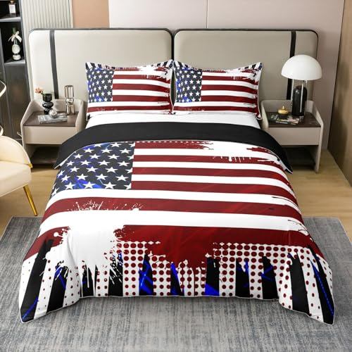 Loussiesd Amerikanische Flagge 100% Baumwolle Bettwäsche Set 135x200cm 3D Amerikanische Flagge Muster Bettbezug Sterne Streifen Flaggen Betten Bettwäsche-Set