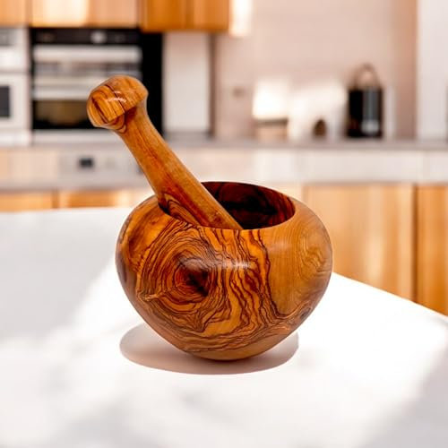 Handcrafted Olive Wood Mortar and Pestle Set | Rustic Kitchen Grinder for Herbs, Spices, and Pesto | Naturally Finished Wooden Mortar with Unique Grain Patterns (Natural Olive Wood, 13 cm)