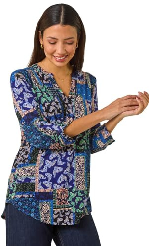 Roman Originals Shirt for Women UK Ladies Top Collarless Blouse Stretchy Tunic Smart Casual Autumn Winter Jersey 3/4 Length Sleeve Notch V Neck Flattering Office Work - Navy Paisley - Size 14