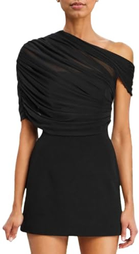 Auriselle Femme Maille Patchwork Mini-Robe Asymétrique Encolure A-Ligne Cache-Coeur Plissée Manches Courtes Slim Fit Club Court Bodycon Robe, Noir, S-L