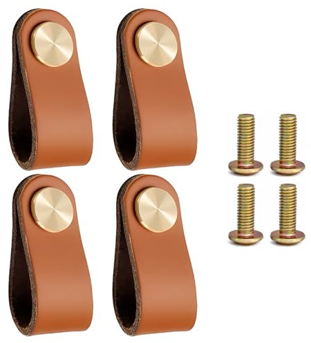 CJMUQHEHH 4 Stück Handgemachte Möbelgriffe aus Leder, 64 x 25 mm, mit Messingkopf, ideal für Schubladen, Schränke und Möbel, wasserabweisend, langlebig,Möbelgriff für Familien mit Kindern