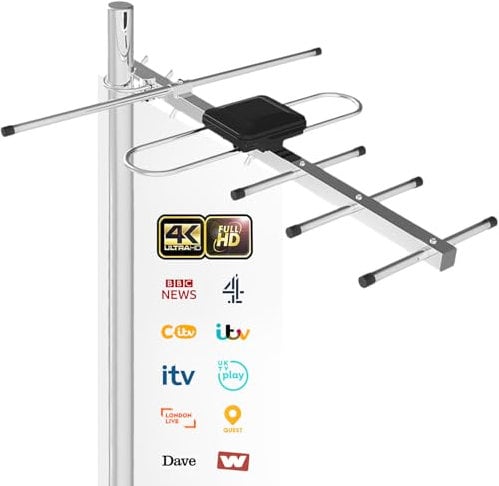 Antena de TV para exteriores, antena digital de alto rendimiento para señal fuerte en el Reino Unido, recepción HDTV 4K/1080P, UHF/VHF, 26.6 pies
