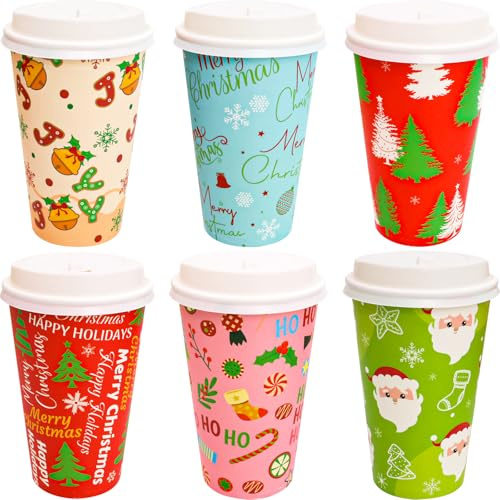 Fancy Land 24 Pcs 16 Ounces Christmas Disposable Coffee Cups Merry Christmas Paper Cups with Lids Holiday Cold Beverage Hot Chocolate Drinks Xmas Dinner Party Tableware Decorations Supplies