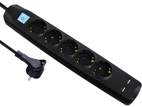 MAXTRACK NV58-1,5L 5-Fach Steckdosenleiste mit USB, Flacher Schutzkontaktstecker, 2 USB-Ladebuchsen, Mehrfachsteckdose mit Griff zum Herausziehen, Kabelbinderfixierung, platzsparend & robust
