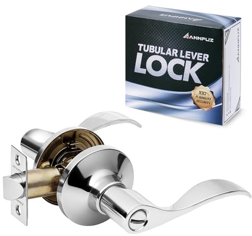 ANNFUZ Privacy Door Handle Without Key,Interior Door Lever with Emergency Access,Reversible keyless Lever for Right & Left Side,Perfect for Bathroom,Bedroom,Restroom (Privacy, Bright Chrome)