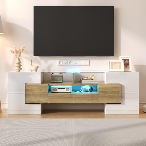 LARFOEK TV Schrank mit LED-Leuchten, Lowboard Hochglanz Fernsehtisch, Fernsehschrank TV Möbel Board für 50-59 Zoll Fernseher, Moderne TV-Regal für Wohnzimmer Schlafzimmer, 145x30x51cm, Weiß+Gold