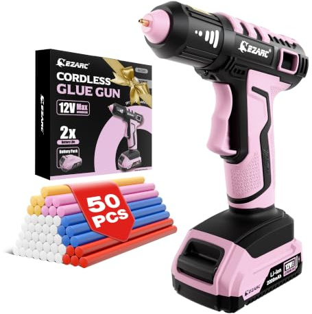 EZARC Pistola de Pegamento Caliente Inalámbrica, Calentamiento Rápido en 15s, 12V Pistola de Pegamento Mini para DIY, Reparaciones Caseras, Proyectos Escolares, Decoraciones, con 50 Barras Mini, Rosa
