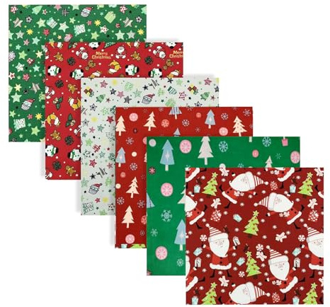 EXGOING Christmas Fabric Squares 6PCS, 50×50cm Christmas Cotton Fabric, Xmas Material Fat Quarters Fabric Bundles for Sewing, Patchwork, Quilting & DIY Crafts Christmas Fat Quarters