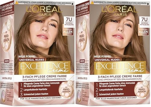 L'Oréal Paris Permanente Haarfarbe für jeden Hautton, Coloration ohne Ammoniak, Universale Nude-Töne mit vollständiger Grauhaarabdeckung, Excellence Creme, Nr. 7U Mittelblond (Blond), 1 Stück