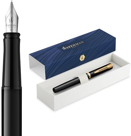 Waterman Impression Fountain Pen | Fine Nib with Blue Ink Refill | Black Lacquer with Gold-Coated Trim | Gift Box