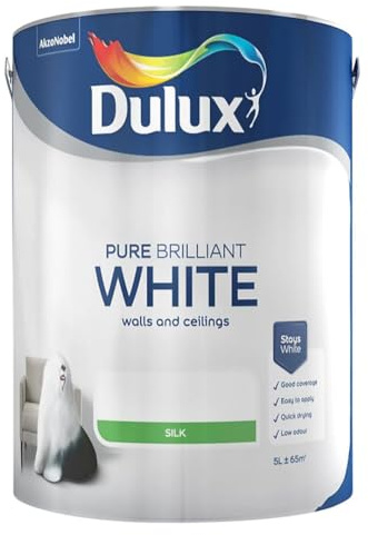 Pure Brilliant White Walls & Ceilings Silk Emulsion Paint 5L – Smooth Washable Silk Finish, Quick Dry, Low-VOC, Easy Application for Interior Walls & Ceilings