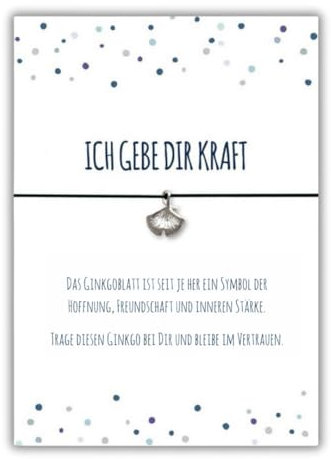 Glücksschmiedin – Spruchkarte „Ich gebe dir Kraft“ mit Wunscharmband & Ginkgo-Anhänger – Mutmacher & Glücksbringer für Herausforderungen – Handgefertigt in Deutschland