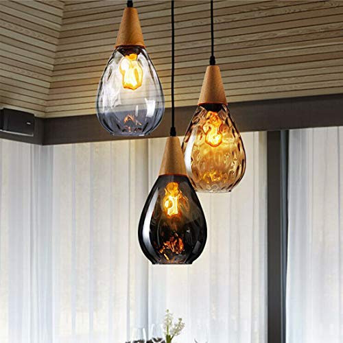 Holz Pendelleuchte Runder Glas Schirm, Hängelampe Esszimmer Esstisch Lampe, Modern Kronleuchter für Studie Küchen insel Cafe Bar Treppe Loft Deko beleuchtung, E27 4W LED Inkl. Glühbirne (Amber)