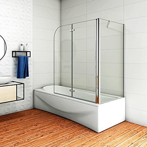 Aica Sanitär Badewannenaufsatz Eck Duschwand Badewanne 2-tlg.Faltwand mit Seitewand 6mm Nano Glas H140cm