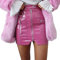 ORANDESIGNE Jupe Courte pour Femmes Bouton Jupe en Cuir PU Couleur Unie Jupe Asymétrique Fendue avec Ceinture Mini Jupe de Soirée Jupe de Bureau Sexy E Rose L