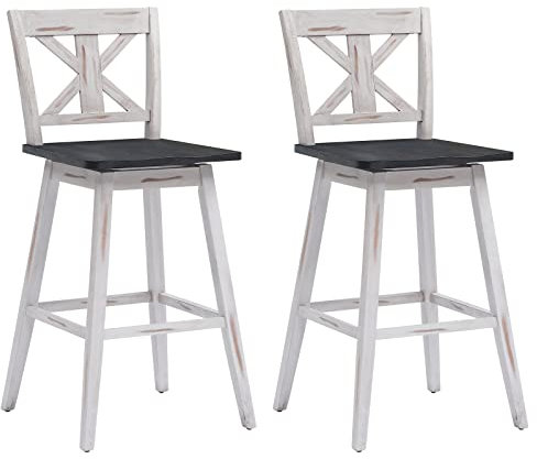 COSTWAY 2er Set Vintage Barhocker drehbar, Tresenhocker mit Fußstütze und Lehne, Bistrohocker aus Holz, Sitzhocker, Barstuhl für Zuhause, Restaurant & Pub, weiß (29'')