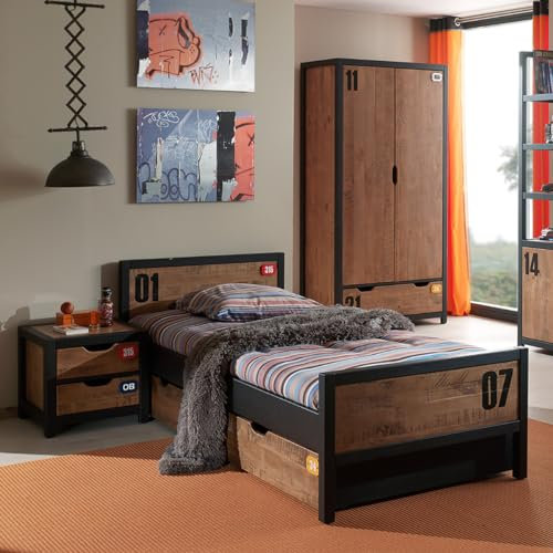 Tchad - Chambre 90x200cm avec Armoire 3 Portes en Pin Massif