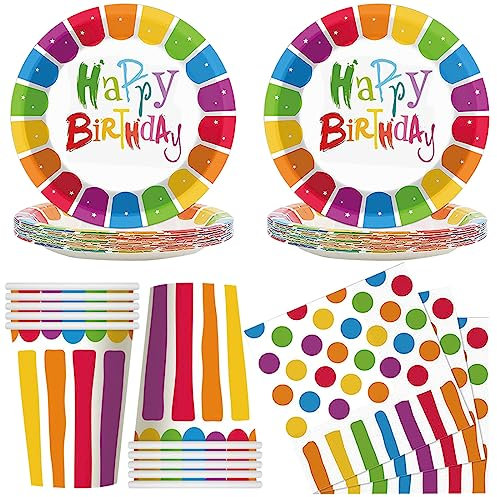 MEZHEN Partygeschirr Regenbogen Geburtstag Deko Partygeschirr Regenbogen Geburtstag Party Set Einweggeschirr Pappteller Pappbecher Servietten 10 Gäste