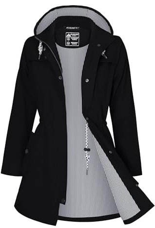 ATLASLAVA Regenjacke Damen Lang Wasserdicht Kapuze Regenmantel übergangsjacke Trenchcoat Outdoor Mantel Schwarz XXL