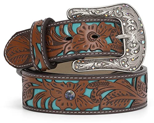WERFORU Damen Vintage Ledergürtel Western Cowboy Cowgirl Retro Türkis Landgürtel für Jeans Hosen Kleider