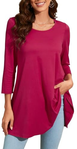 Enmain Blusas Mujer Rosa Camiseta Manga Larga Tallas Grandes Elegante Fucsia Tunica Larga Manga 3/4 Cuello Redondo Top de Color Liso Fiesta M