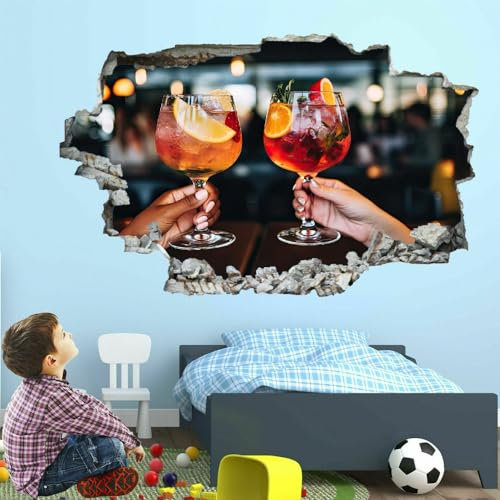 3D Wandtattoo Durchbruch Wanddeko Getränke Wanddurchbruch sticker selbstklebend Wandbild Wandsticker Cocktail Wohnzimmer Wanddeko Wandaufkleber für Teenager Zimmer 75x50cm
