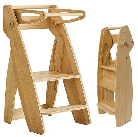 Kleinkindturm Faltbarer Kinder-Küchen-Tritthocker, faltbarer Lernturm für Kleinkinder 1,5-6 Jahre mit Sicherheitsschiene, Montessori-Stehturm mit 3 verstellbaren Höhen, natürlicher Bambus