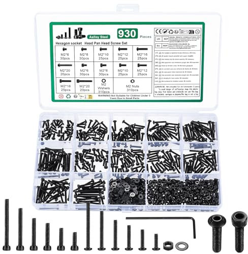 930 Pz M2 Viti e Bulloni e Dadi Set, Testa Bombata con Esagono Incassato + Bulloni Tonda Testa Brugola, Kit Assortito di Viti Esagonale Bussola e Rondelle Set, Nere