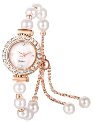 Avaner Uhren Damen Perlen Armband: Kleine Damenuhr mit Römischen Ziffern Modische Damen Armbanduhr Schmuckschließe Armband Analoge Quarz Uhr für Frauen Mädchen