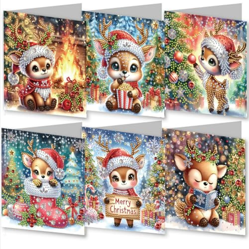 Meecaa Monkey Deer Animal 6pcs Handmade 5D Diamond Painting Christmas Greeting Cards for Adults, DIY Diamond Art Postcards for Friends Family Lover Gift (15CMx30CM) (Monkey)