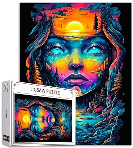 The Earth Jigsaw Puzzles 1000 Pieces for Adults, Families (Forest Princess Face,Seascape at Sunset,Girl) Pieces Fit Together Perfectly 19.7''x27.6''inch Woman Performance Frameable Magic Puzzle Art