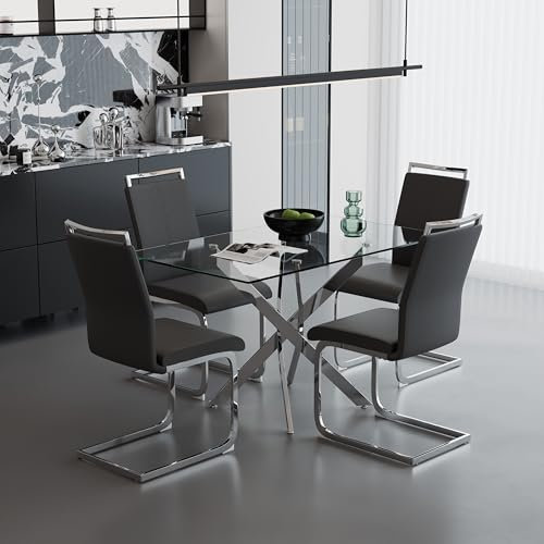 GOLDFAN Esstisch Set 110cm mit 4 Kunstleder Hochlehner Stühlen Rechteckiger Glastisch mit 4 Stuhl für Küche, Esszimmer & Wohnzimmer (Grau)