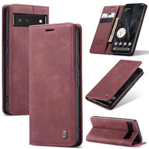 Samokor Handyhülle für Google Pixel 6 5G Magnet Leder Klapphülle | Premium Leder,Klappbar,Flip Case,Schutzhülle,Tasche,Kartenfach,Standfunktion,Stoßfest,Hülle für Google Pixel 6,Weinrot