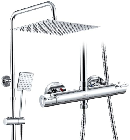 DelnVior Thermostatic Shower System Stainless Steel 12 Square Rain Shower Head Hand Shower Single Spray Mode Shower Faucet Complete Set Height Adjustable with Anti-Scald Protection Water Saving