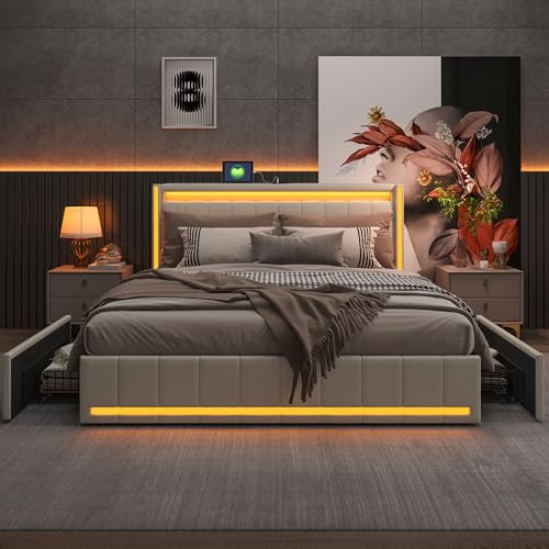 Polsterbett Doppelbett 160x200 cm mit 4 Schubladen, Polsterbett 160x200 cm mit USB-Anschluss, Stauraumbetten mit Lattenrost, Doppelbett für Erwachsene und Jugendliche
