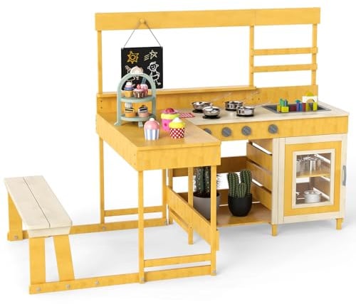 COSTWAY Matschküche mit Picknicktisch & Bank, Kinderküche Tannenholz mit Dessertzubehör Küchengeschirr und Tafel, Spielküche Outdoor Küche für Kinder ab 3 Jahren (Gelb)