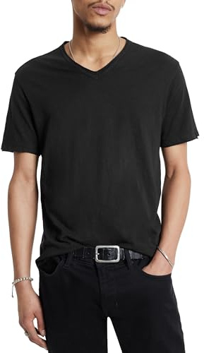 John Varvatos Star USA Men's Short Sleeve SLUB V-Neck with Cut RAW Edge T-Shirt, Black, Medium