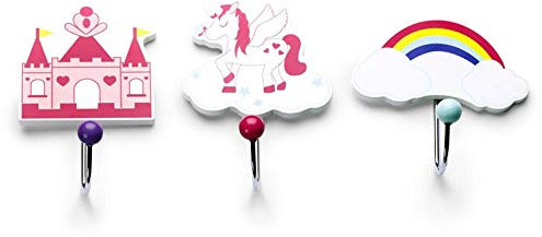 Mousehouse Gifts Set of Three Children's Kids Unicorn Themed Single Wooden Coat Hooks Wall Hooks