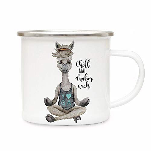 Emaille Becher Camping Tasse Motiv Alpaka Yoga Spruch Chill mal drüber nach Kaffeetasse Geschenk Spruchbecher eb344