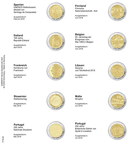 Lindner 1118-24 Vordruckblatt für 2 Euro-Gedenkmünzen: Spanien bis Portugal 2018