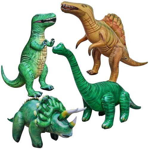 Jet Creations - Set di 4 dinosauri gonfiabili combinati con T-rex Brachiosaurus, Spinosaurus, Triceratops, ideali per piscina, feste, dimensioni da circa 37 a 134,6 cm, multicolore